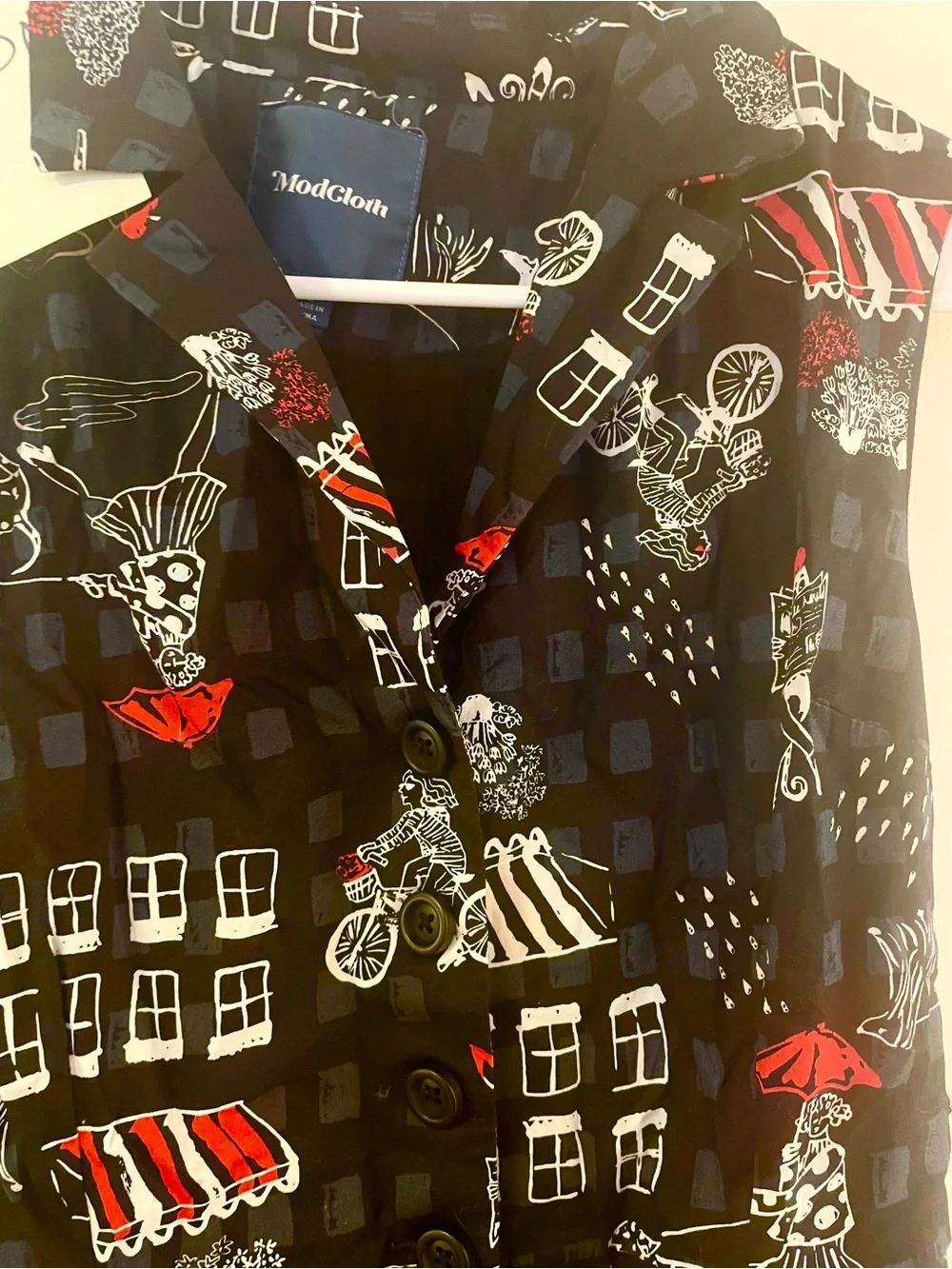 ModCloth Parisian Print Women's Dress - Red & White Accents